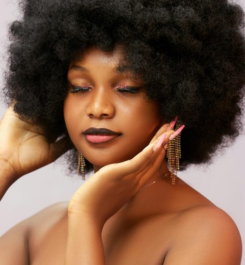 Studio portrait of a stylish woman with afro hair and glamorous makeup.